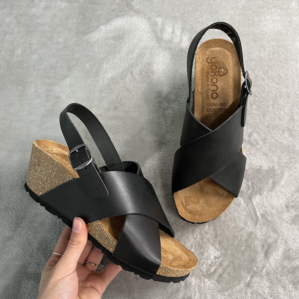 Yokono Shoes Womens Size 7.5 Black Leather Slingback Cork Wedge Sandals Spain